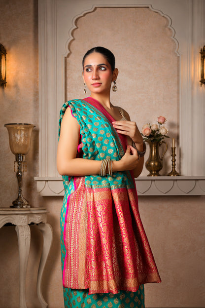 Khaddi Silk Georgette Copper Zari Banarasi Saree – Teal & Magenta Border