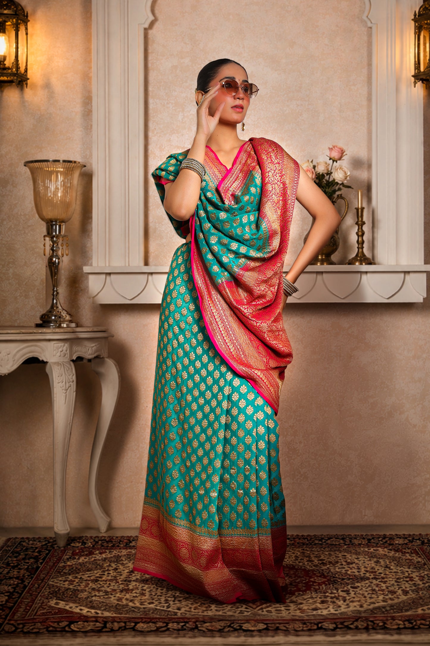 Khaddi Silk Georgette Copper Zari Banarasi Saree – Teal & Magenta Border