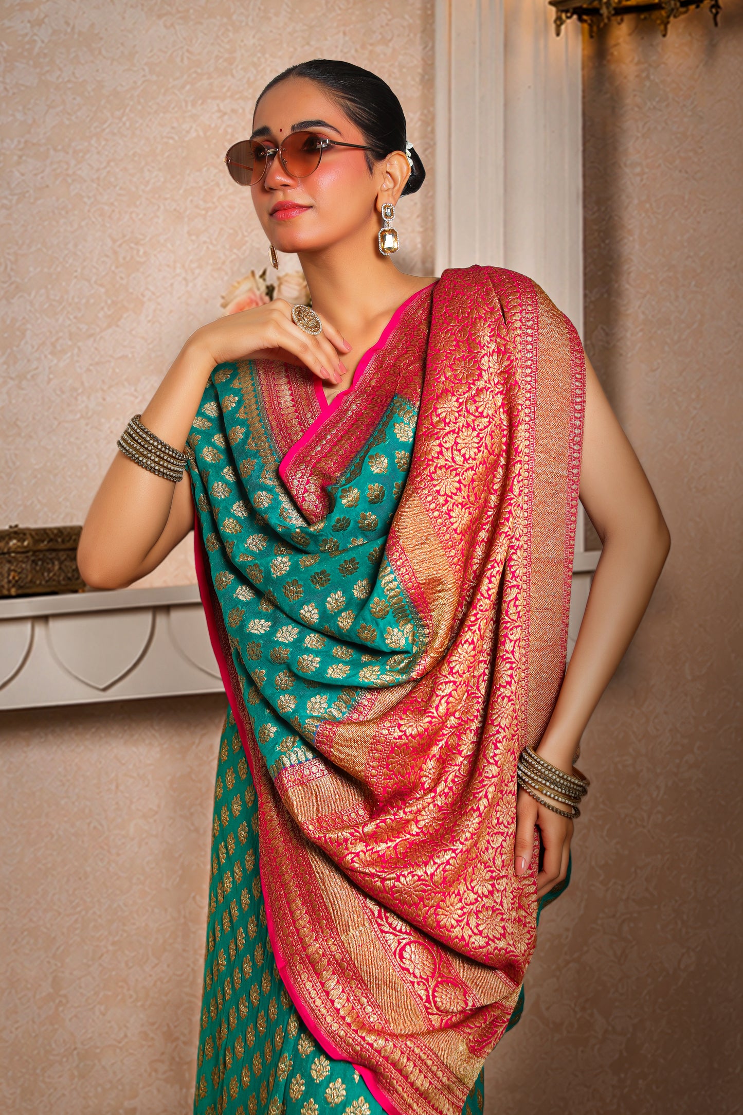 Khaddi Silk Georgette Copper Zari Banarasi Saree – Teal & Magenta Border