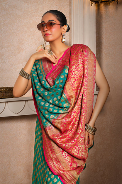 Khaddi Silk Georgette Copper Zari Banarasi Saree – Teal & Magenta Border