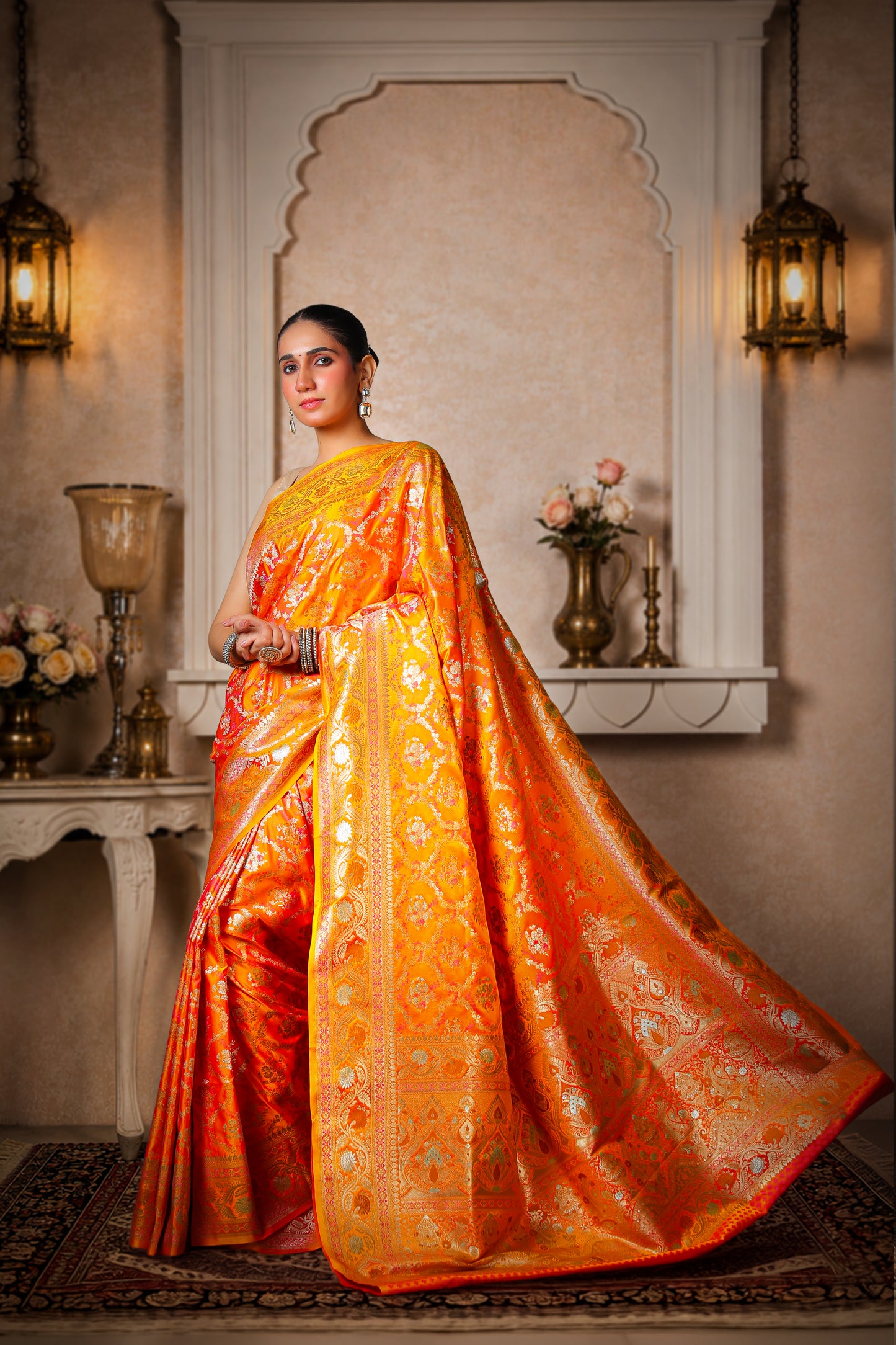 Pure Silk King Khaab Banarasi Saree – Orange Yellow with Gold Border