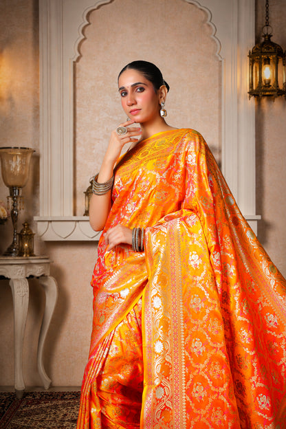 Pure Silk King Khaab Banarasi Saree – Orange Yellow with Gold Border