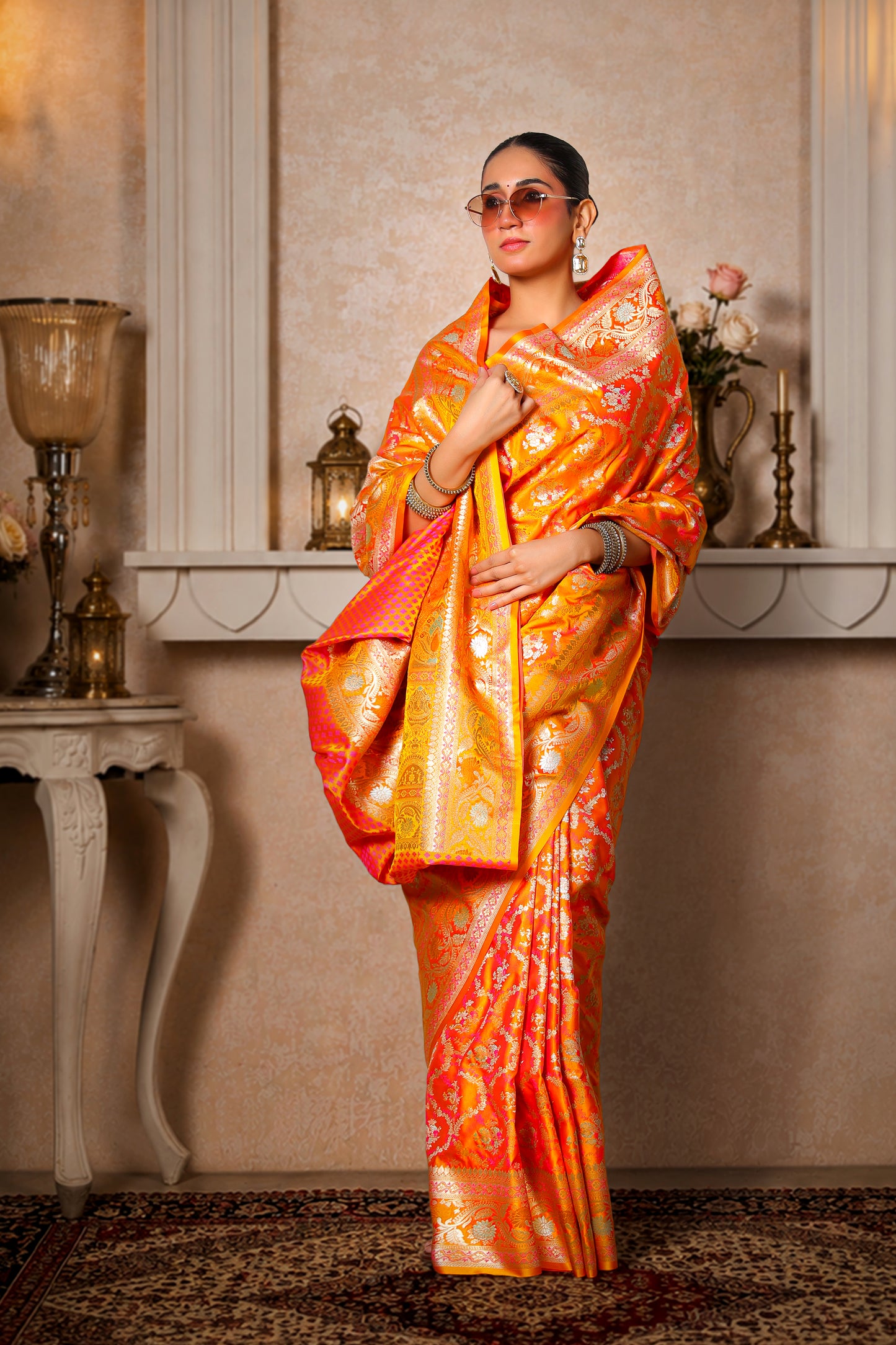 Pure Silk King Khaab Banarasi Saree – Orange Yellow with Gold Border