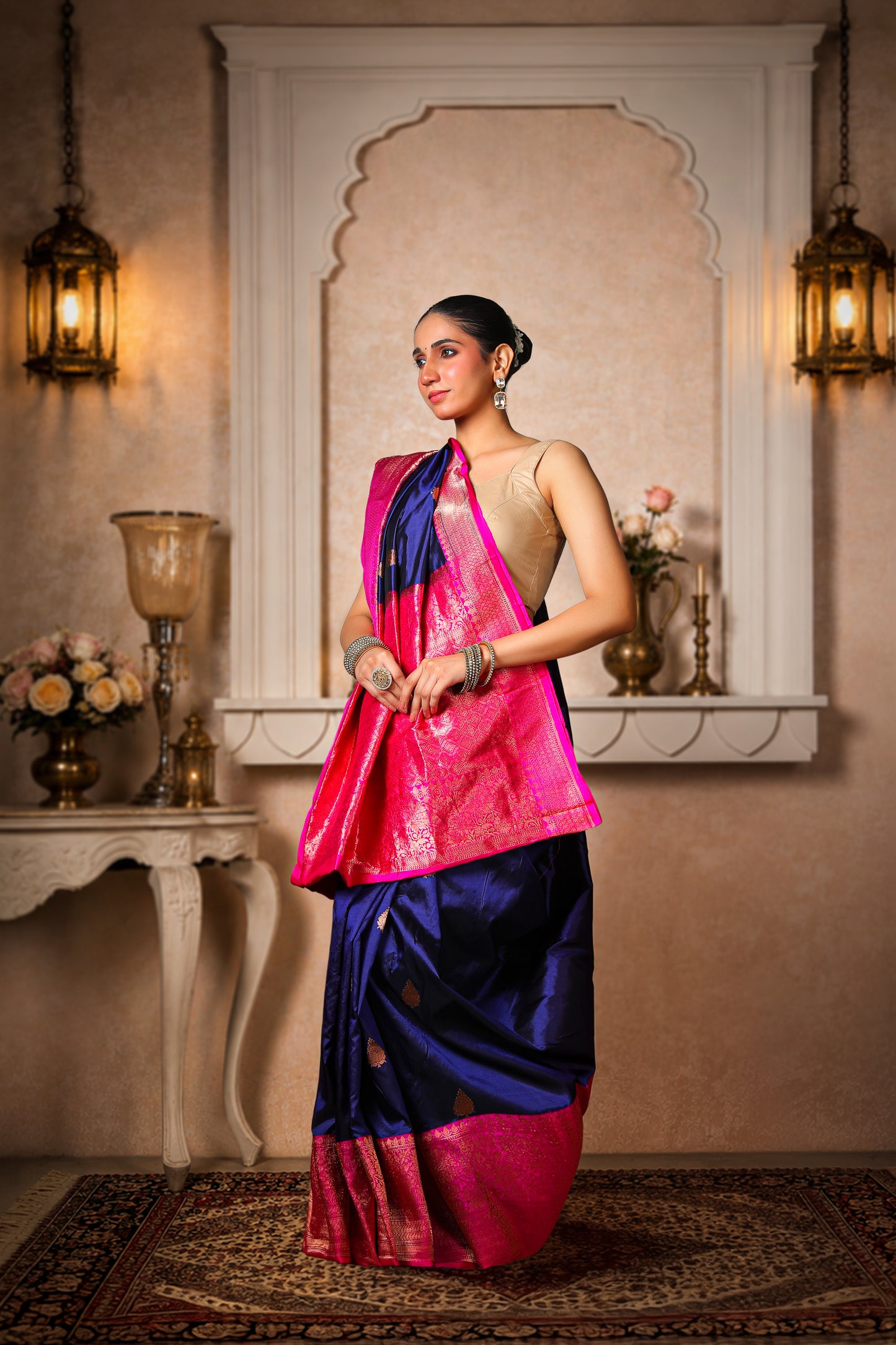100% Pure Silk Banarasi Saree – Navy Blue with Magenta Border