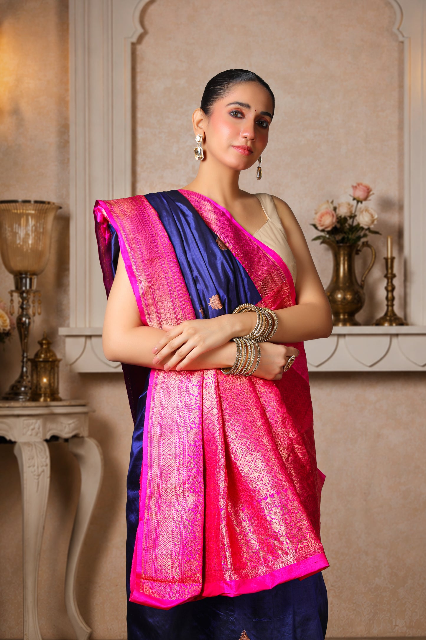 100% Pure Silk Banarasi Saree – Navy Blue with Magenta Border