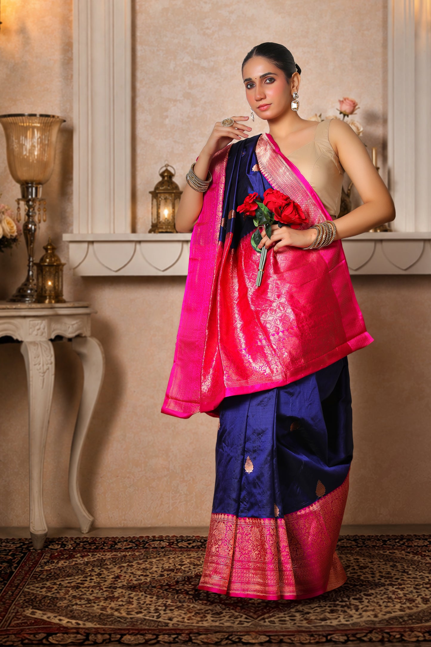 100% Pure Silk Banarasi Saree – Navy Blue with Magenta Border