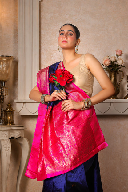 100% Pure Silk Banarasi Saree – Navy Blue with Magenta Border