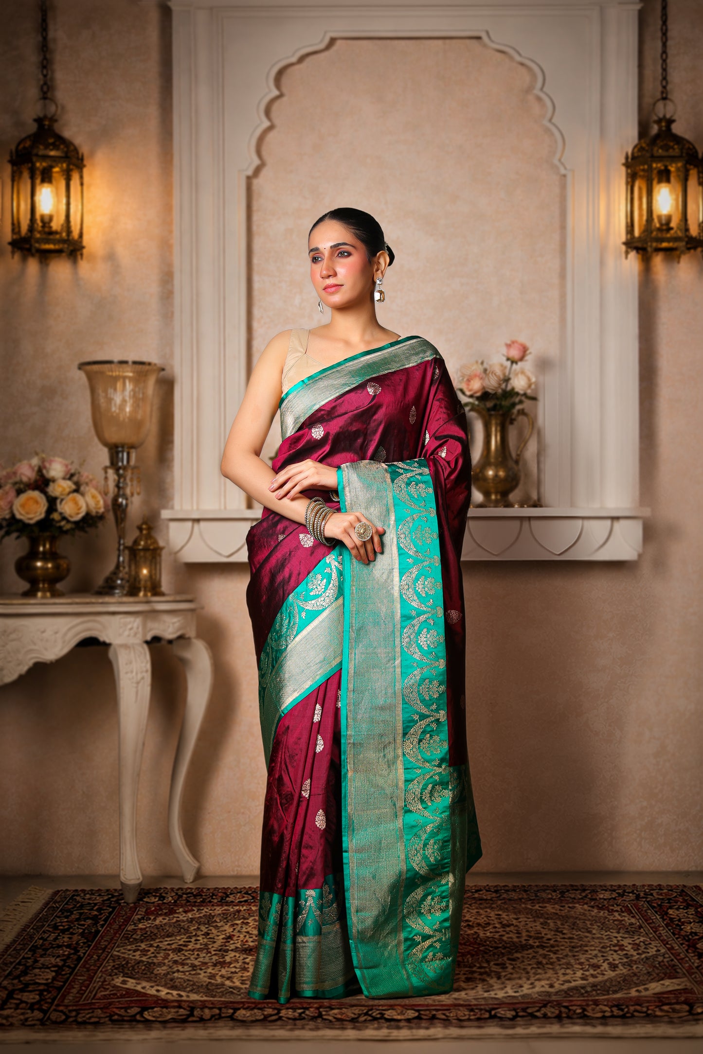 100% Pure Silk Banarasi Saree – Coffee with Teal Green Border