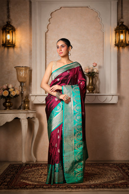 100% Pure Silk Banarasi Saree – Coffee with Teal Green Border