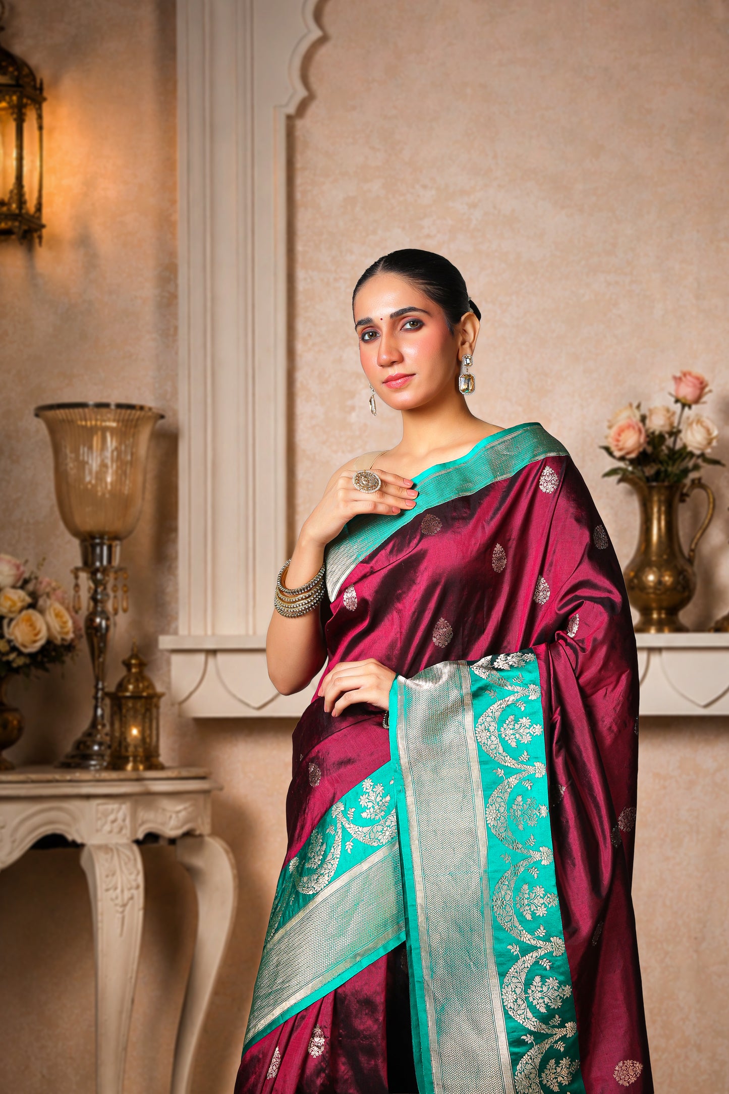 100% Pure Silk Banarasi Saree – Coffee with Teal Green Border