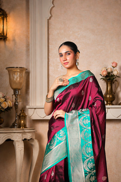 100% Pure Silk Banarasi Saree – Coffee with Teal Green Border