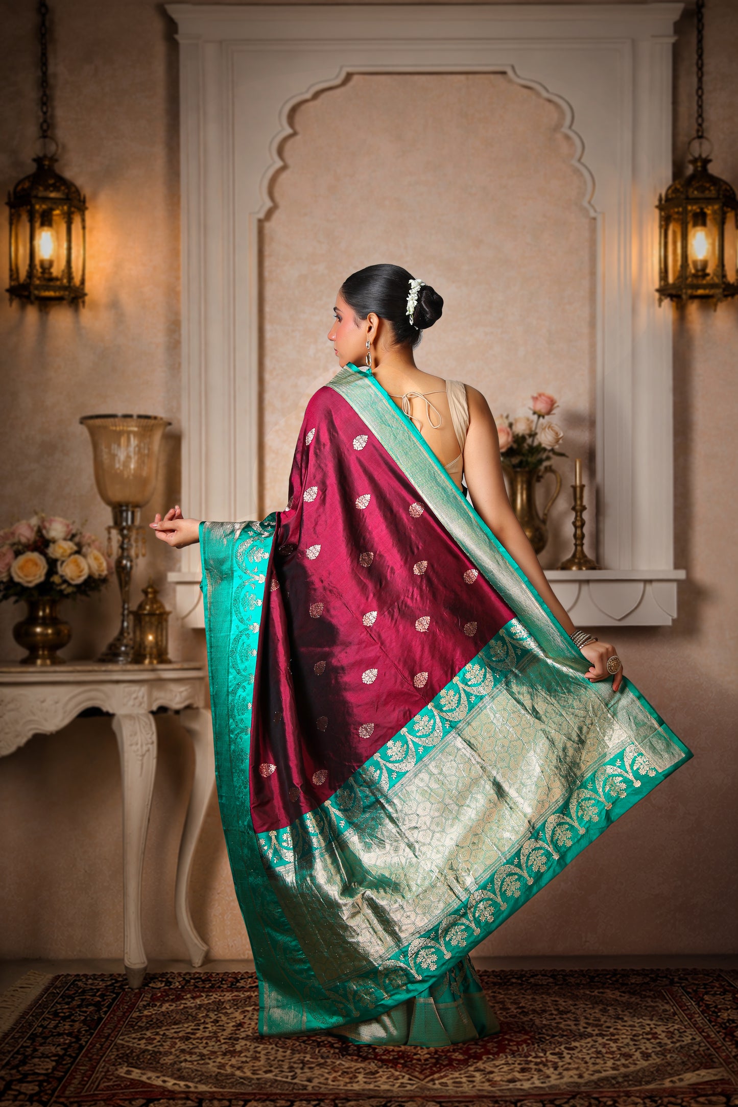 100% Pure Silk Banarasi Saree – Coffee with Teal Green Border