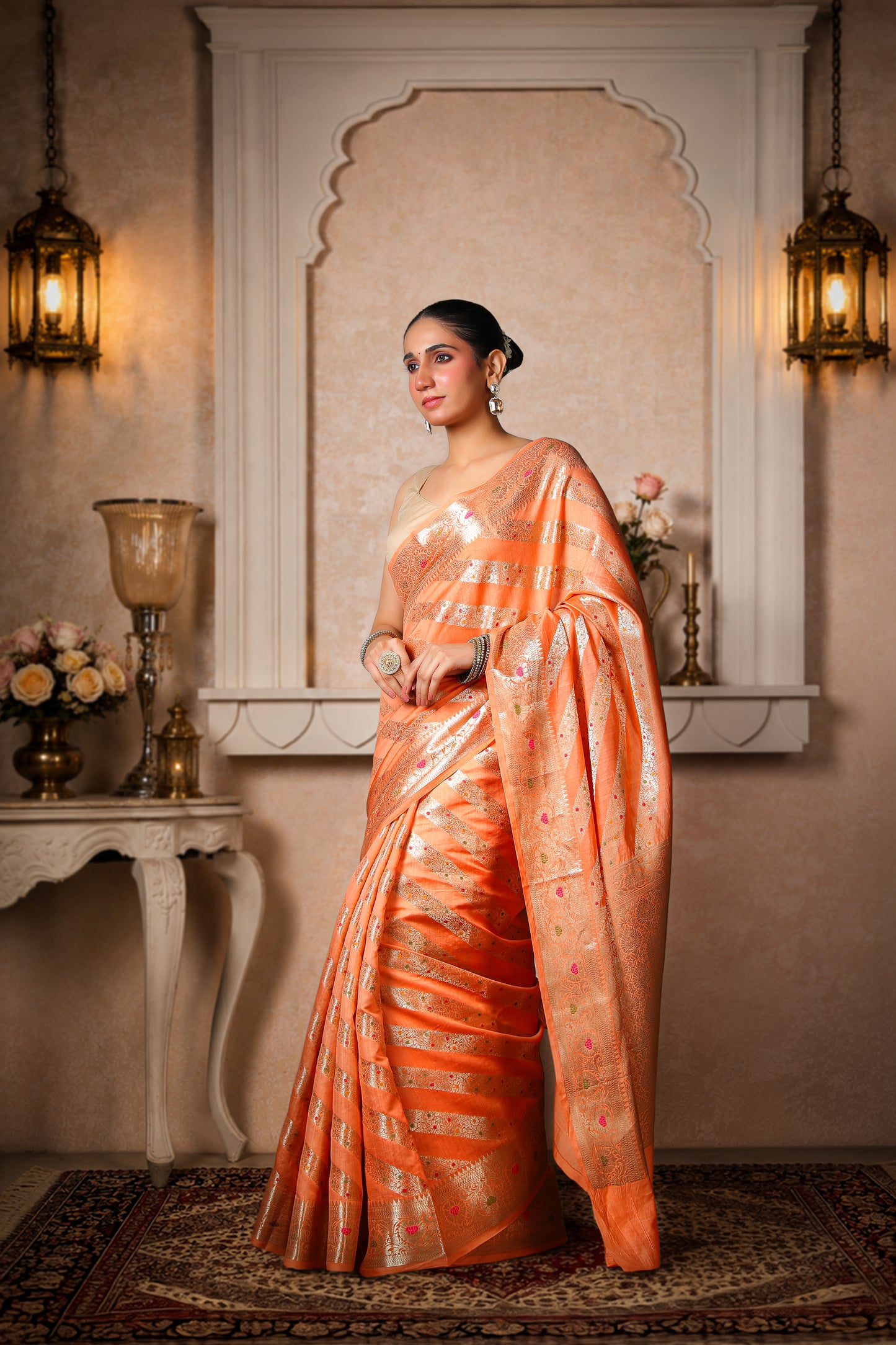 Pure Dupion Silk Banarasi Saree – Peach Gold Border & Stripes