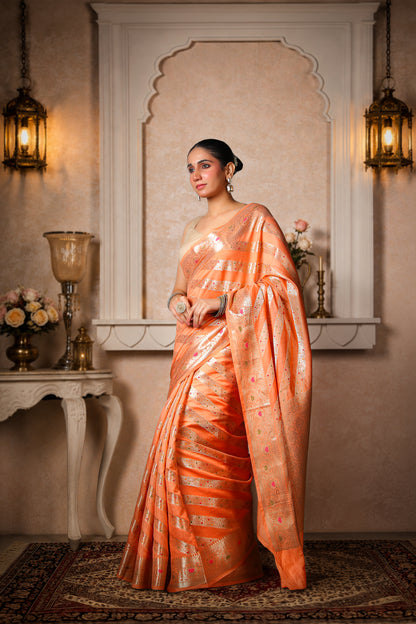 Pure Dupion Silk Banarasi Saree – Peach Gold Border & Stripes