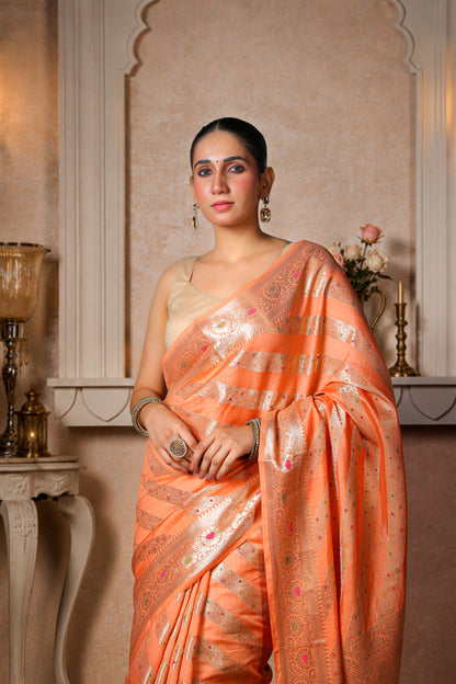 Pure Dupion Silk Banarasi Saree – Peach Gold Border & Stripes