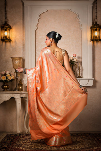 Pure Dupion Silk Banarasi Saree – Peach Gold Border & Stripes