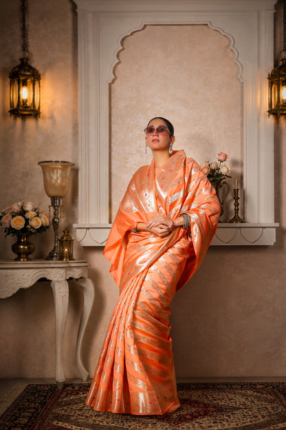 Pure Dupion Silk Banarasi Saree – Peach Gold Border & Stripes