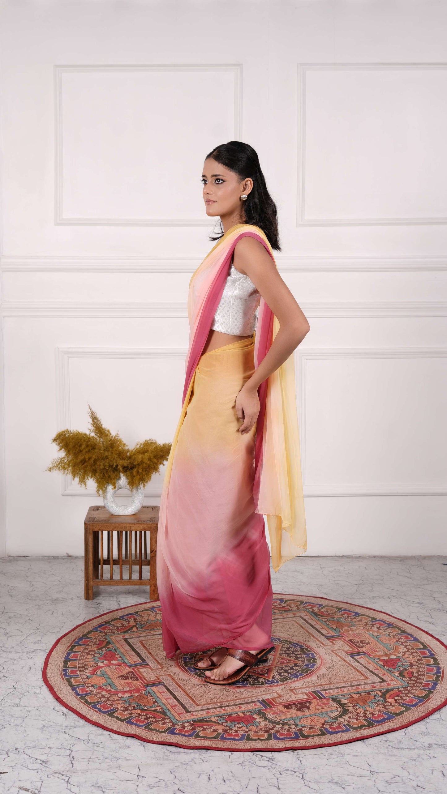 Pure Viscose Chiffon Saree with Ombre Dyeing, Color-Peach w/Yellow