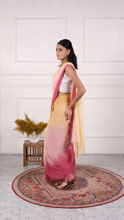 Pure Viscose Chiffon Saree with Ombre Dyeing, Color-Peach w/Yellow