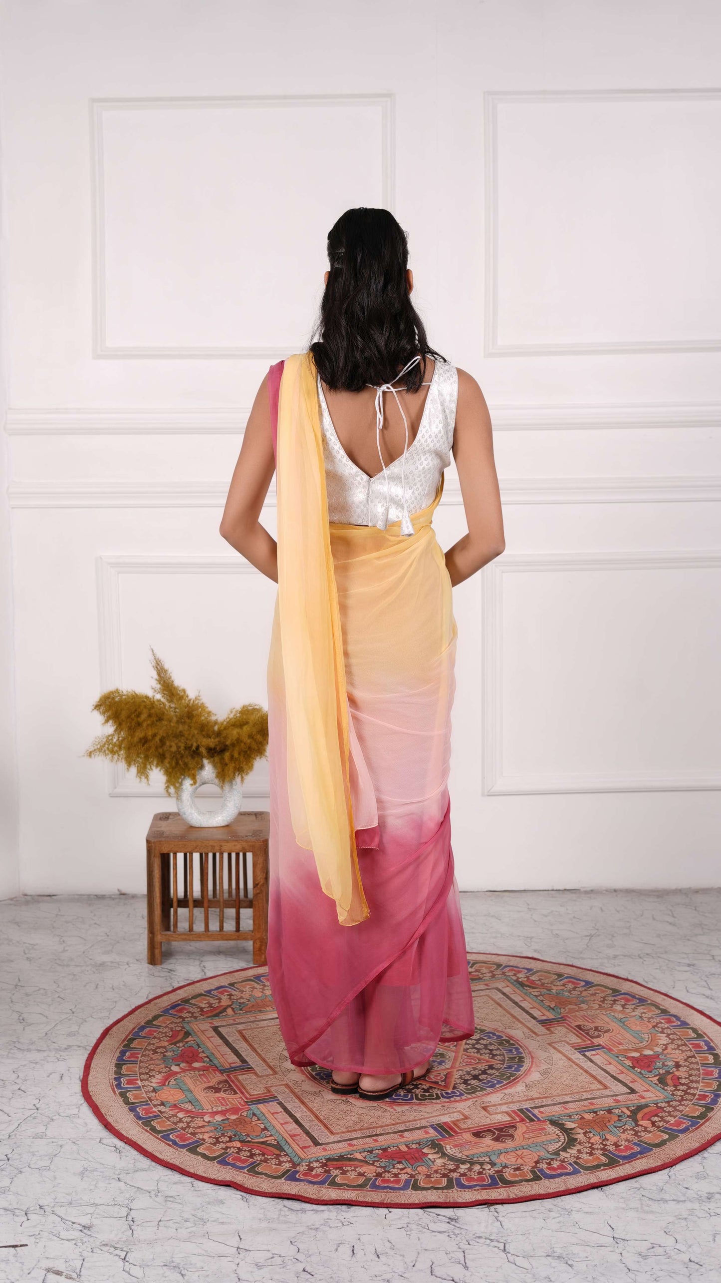 Pure Viscose Chiffon Saree with Ombre Dyeing, Color-Peach w/Yellow