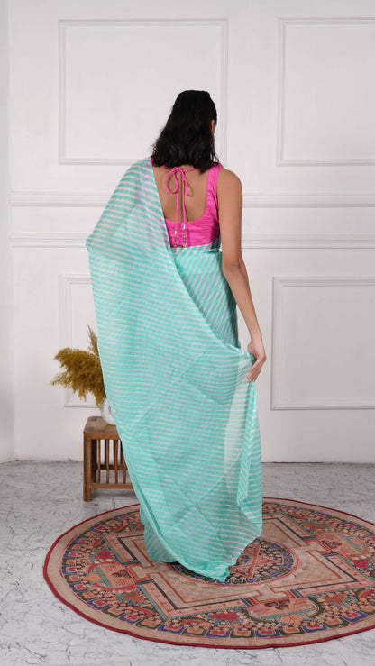 Pure Chinon fabric Lehariya Saree, Mothra Design, Double Lehariya, Color-Cyan Blue