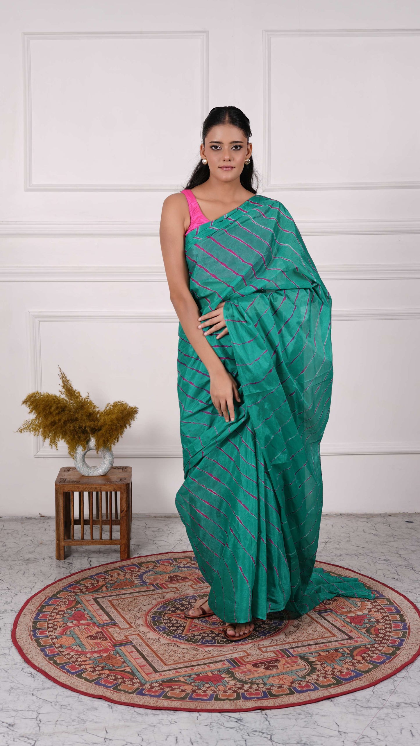 Pure Viscose Chiffon Lehariya Saree, Color-Green w/Purple