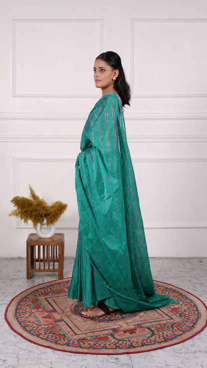 Pure Viscose Chiffon Lehariya Saree, Color-Green w/Purple