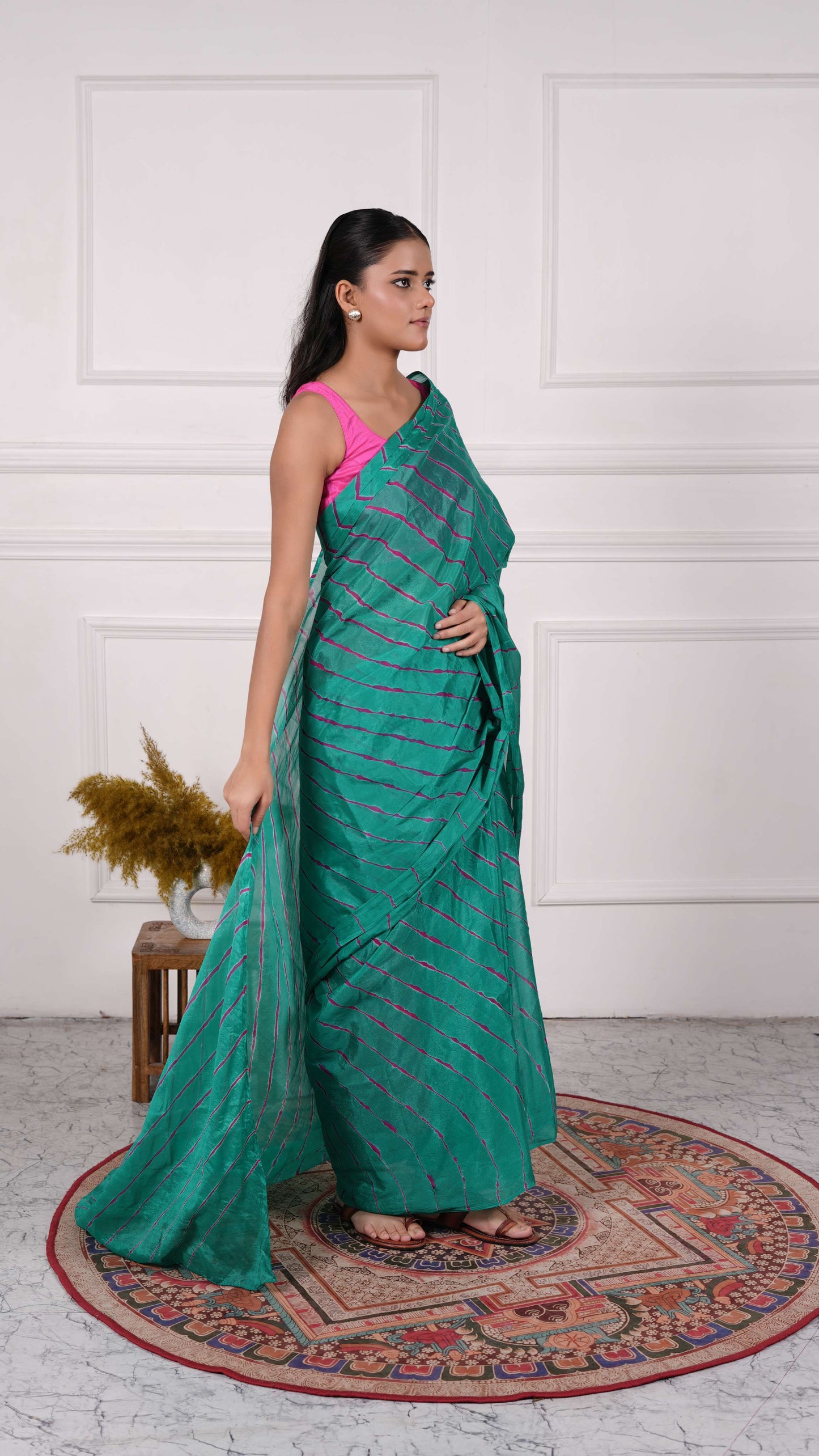 Pure Viscose Chiffon Lehariya Saree, Color-Green w/Purple
