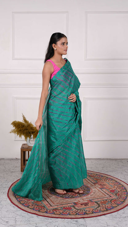 Pure Viscose Chiffon Lehariya Saree, Color-Green w/Purple