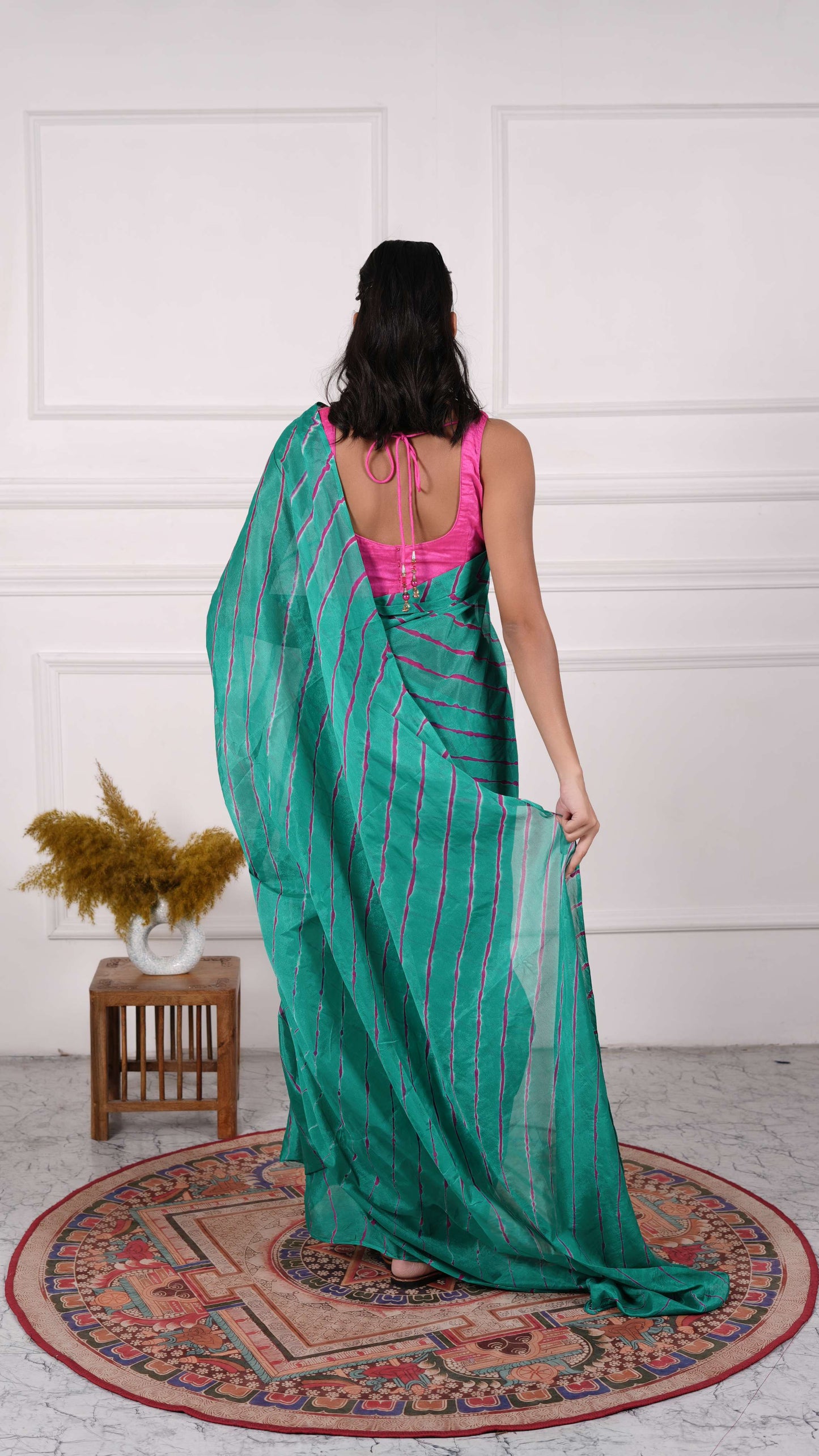 Pure Viscose Chiffon Lehariya Saree, Color-Green w/Purple