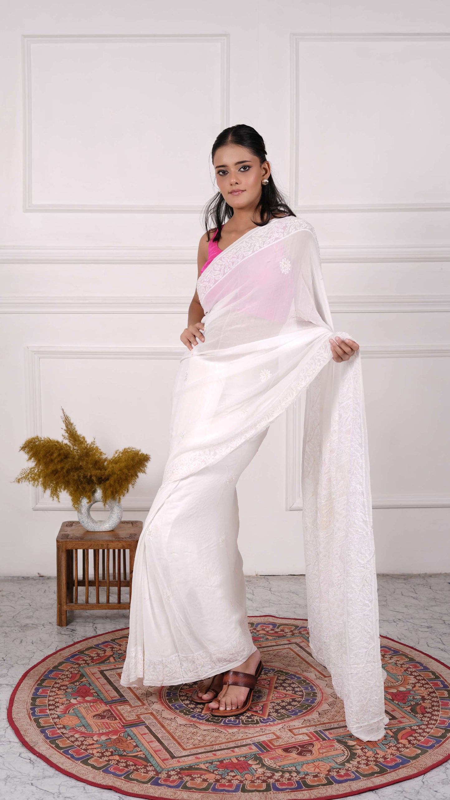 White Chikankari Saree with heavy beads &amp; sequins work on aanchal, Georgette
