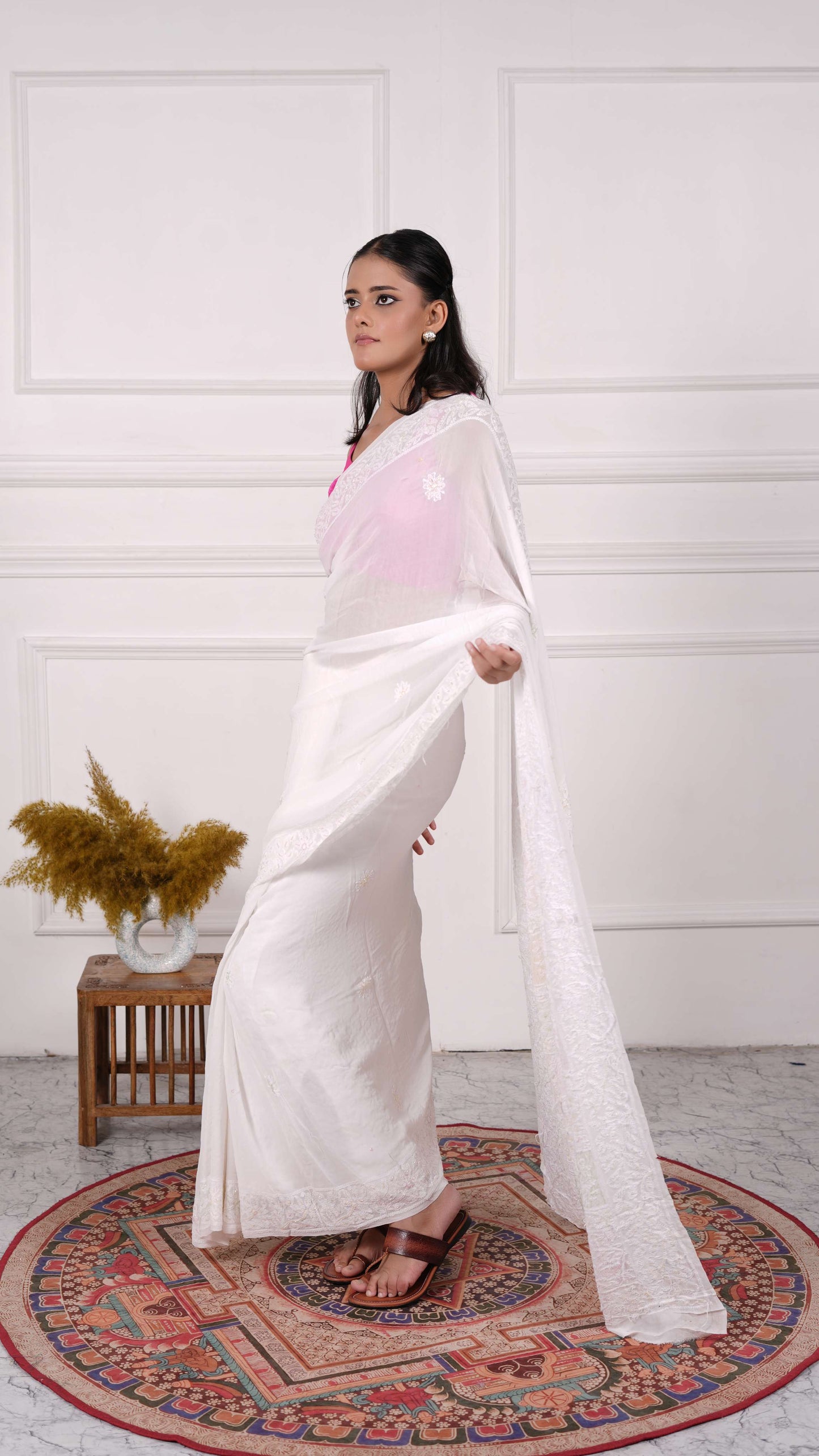 White Chikankari Saree with heavy beads &amp; sequins work on aanchal, Georgette