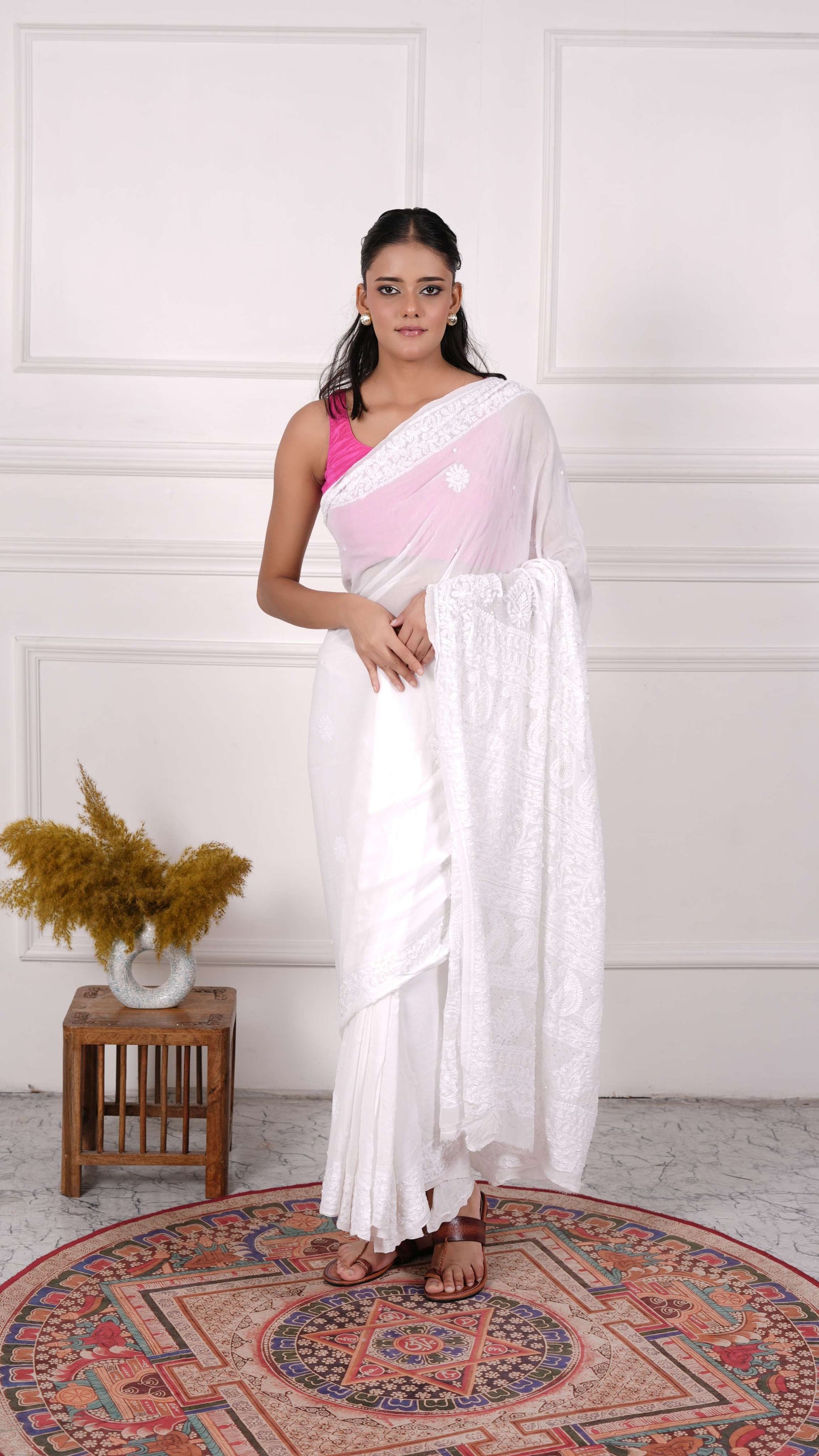 White Chikankari Saree with heavy beads &amp; sequins work on aanchal, Georgette