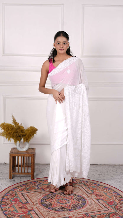 White Chikankari Saree with heavy beads &amp; sequins work on aanchal, Georgette