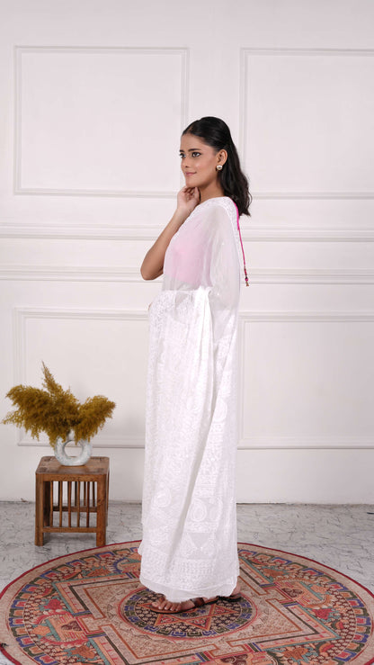 White Chikankari Saree with heavy beads &amp; sequins work on aanchal, Georgette