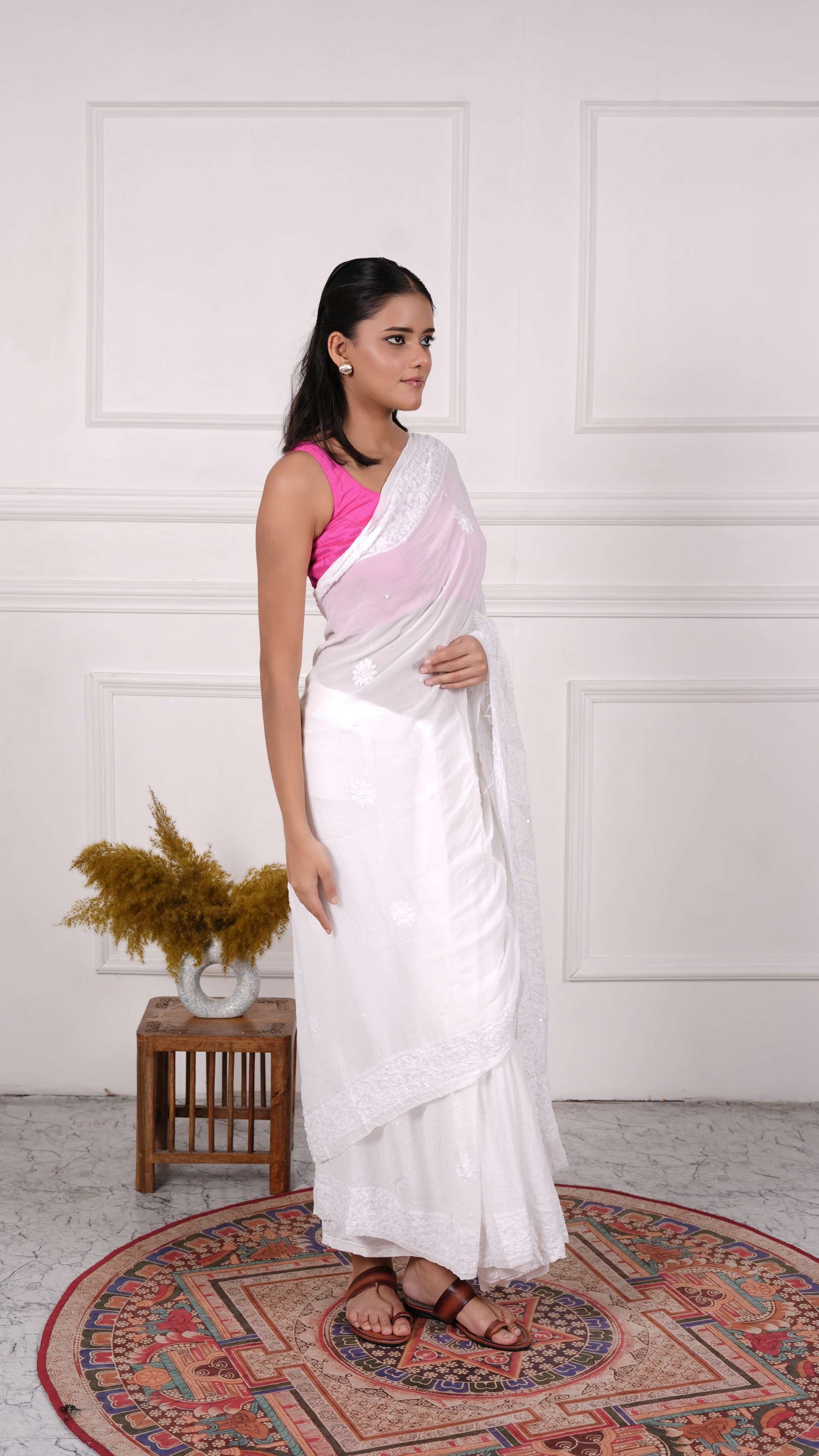 White Chikankari Saree with heavy beads &amp; sequins work on aanchal, Georgette