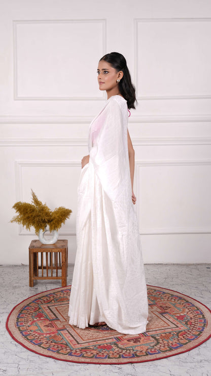 White Chikankari Saree with heavy Thread, beads &amp; sequins work on aanchal, Cotton silk