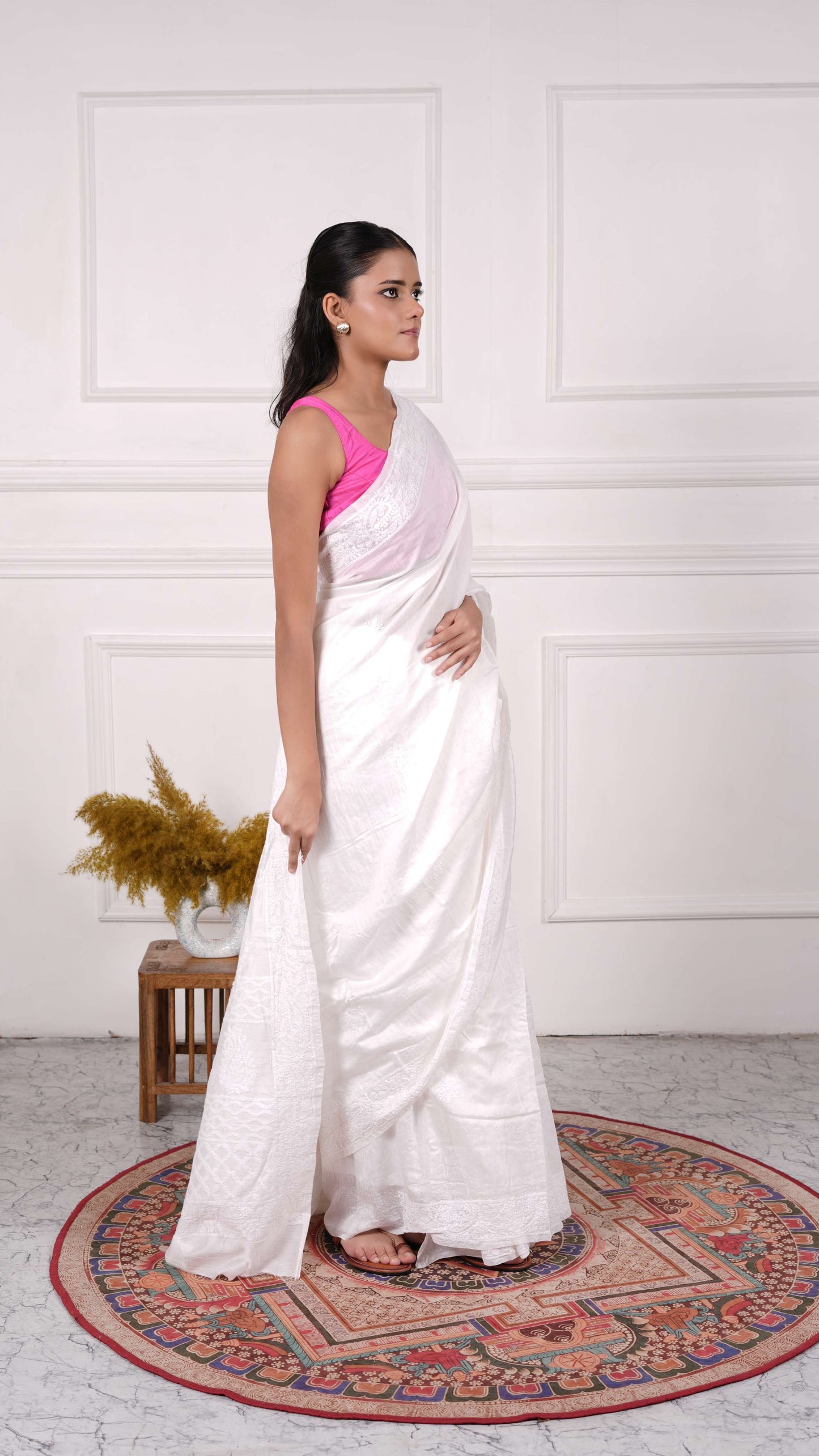 White Chikankari Saree with heavy Thread, beads &amp; sequins work on aanchal, Cotton silk