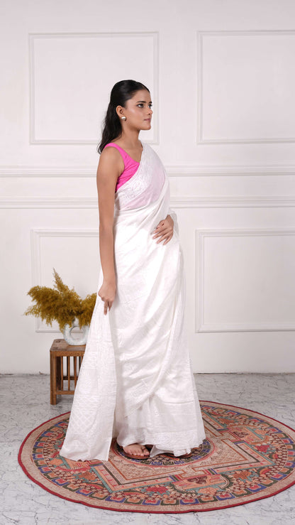 White Chikankari Saree with heavy Thread, beads &amp; sequins work on aanchal, Cotton silk