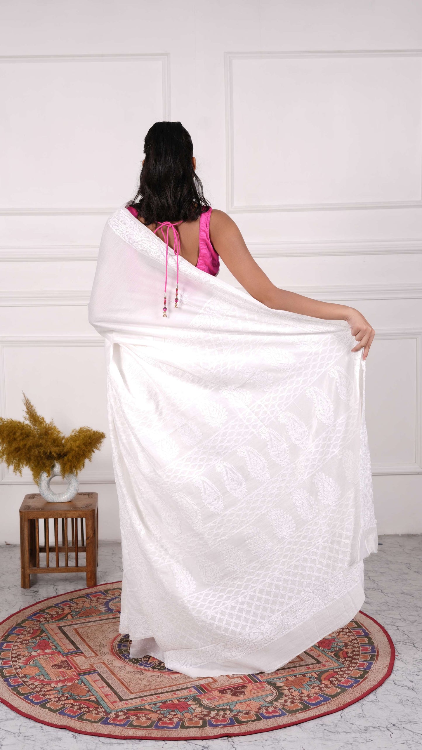 White Chikankari Saree with heavy Thread, beads &amp; sequins work on aanchal, Cotton silk