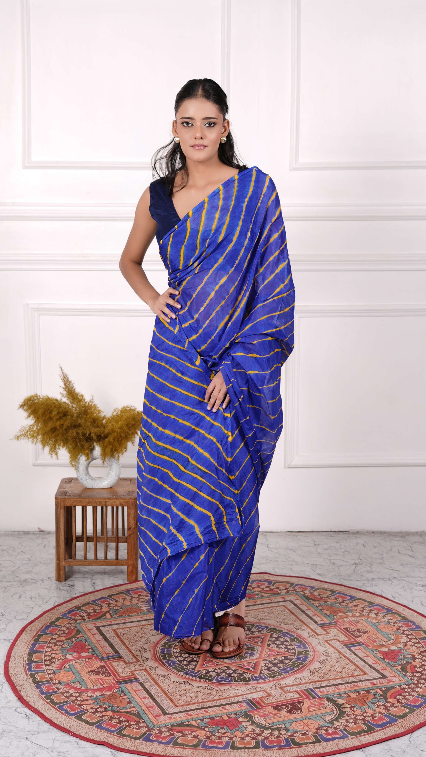 Pure Viscose Chiffon Lehariya Saree, Color-Magenta w/Green