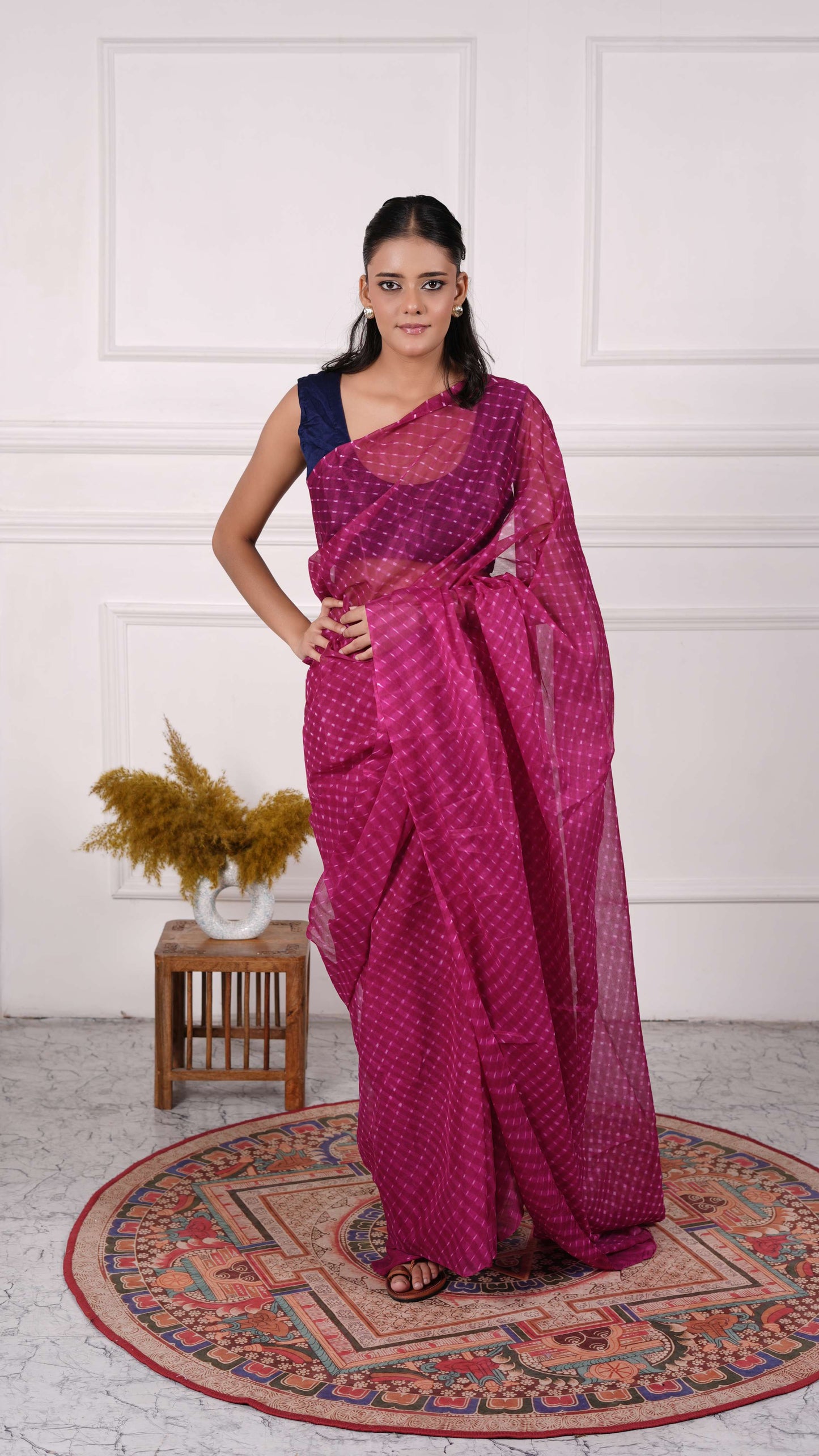 Pure Chinon fabric Lehariya Saree, Mothra Design, Double Lehariya, Color-Dark Magenta