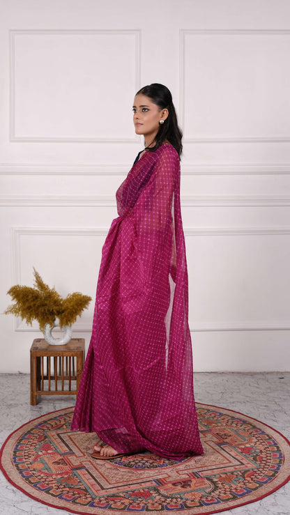 Pure Chinon fabric Lehariya Saree, Mothra Design, Double Lehariya, Color-Dark Magenta