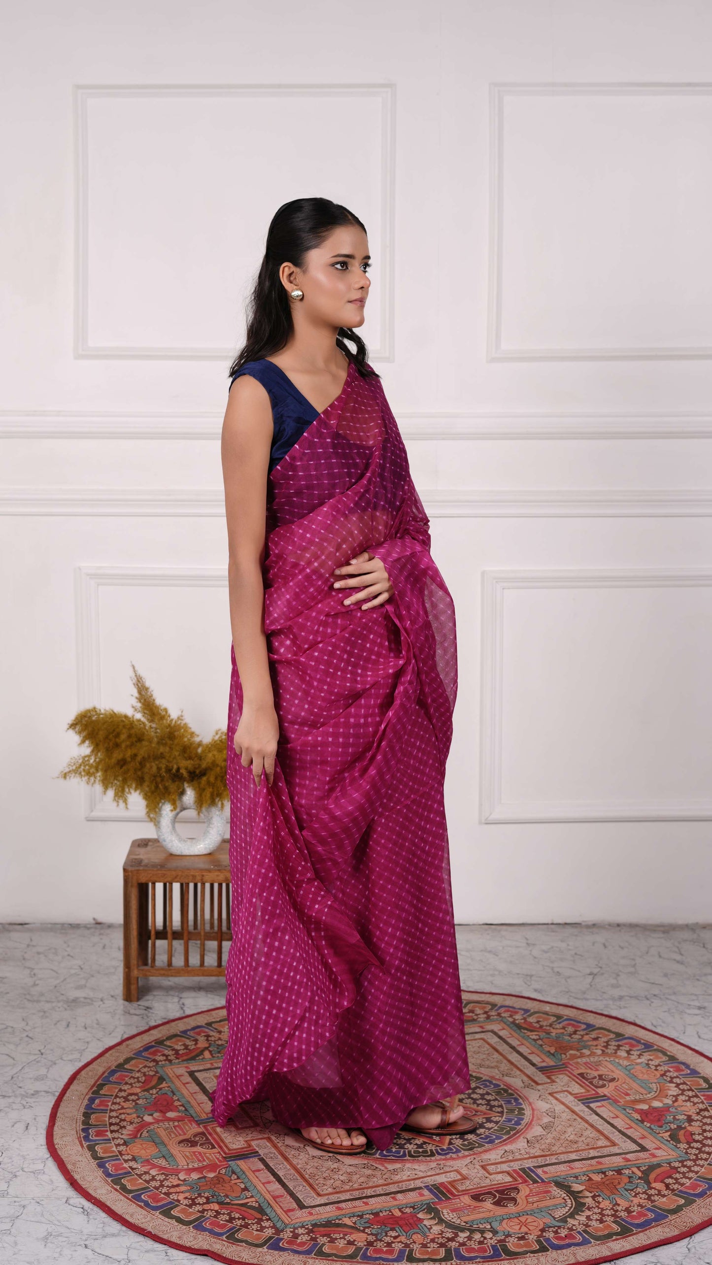 Pure Chinon fabric Lehariya Saree, Mothra Design, Double Lehariya, Color-Dark Magenta