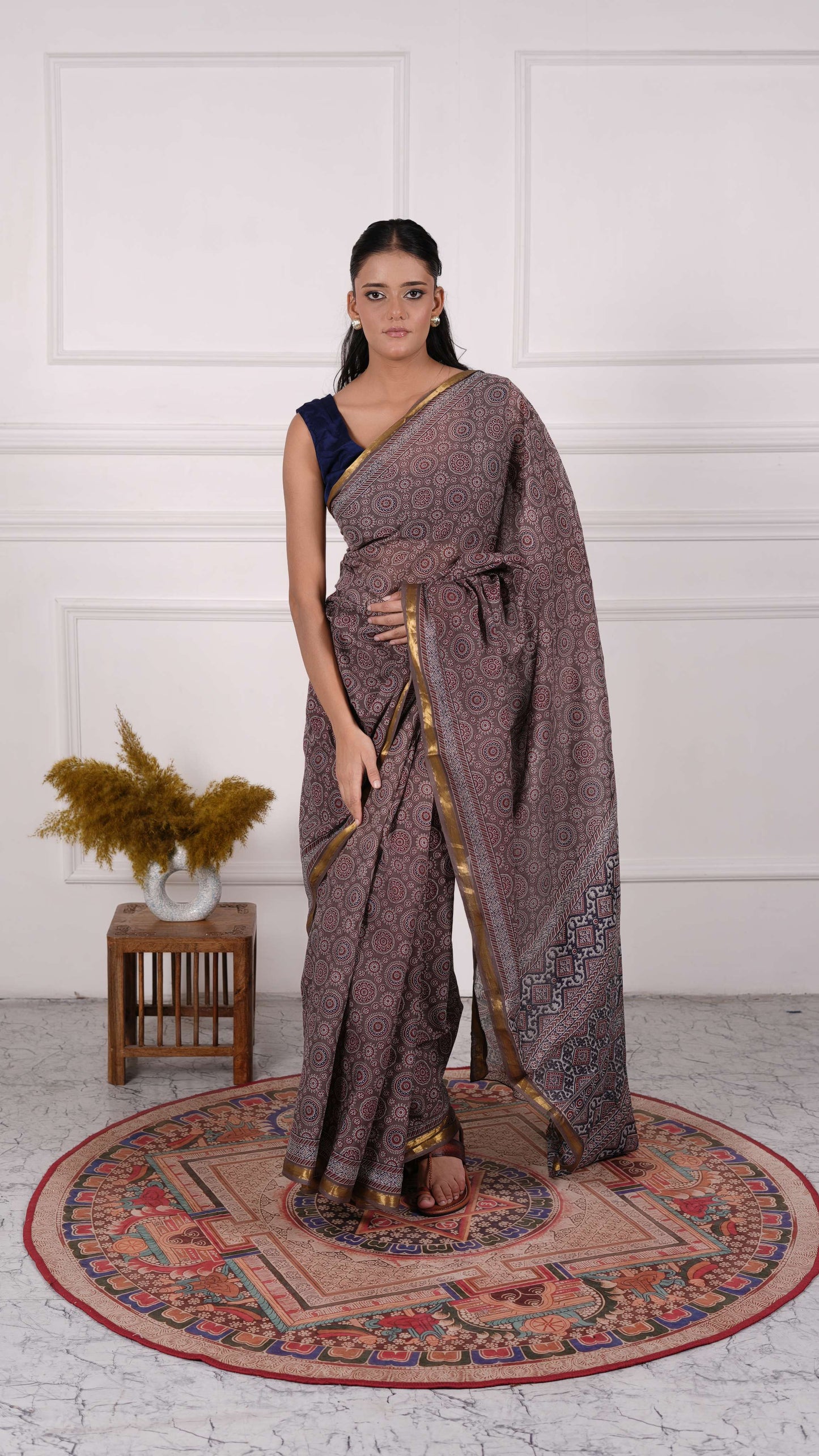 Deep Beige Ajrakh Saree, 100% Cotton