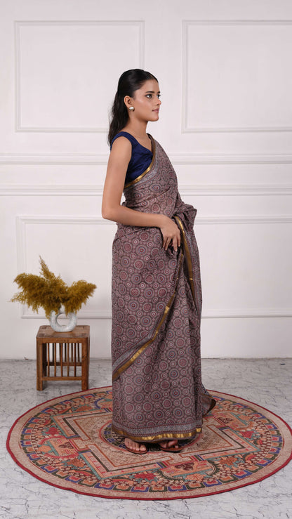 Deep Beige Ajrakh Saree, 100% Cotton