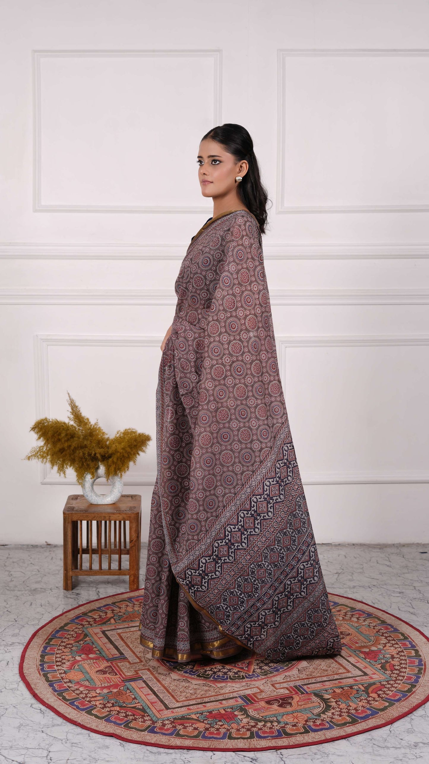 Deep Beige Ajrakh Saree, 100% Cotton