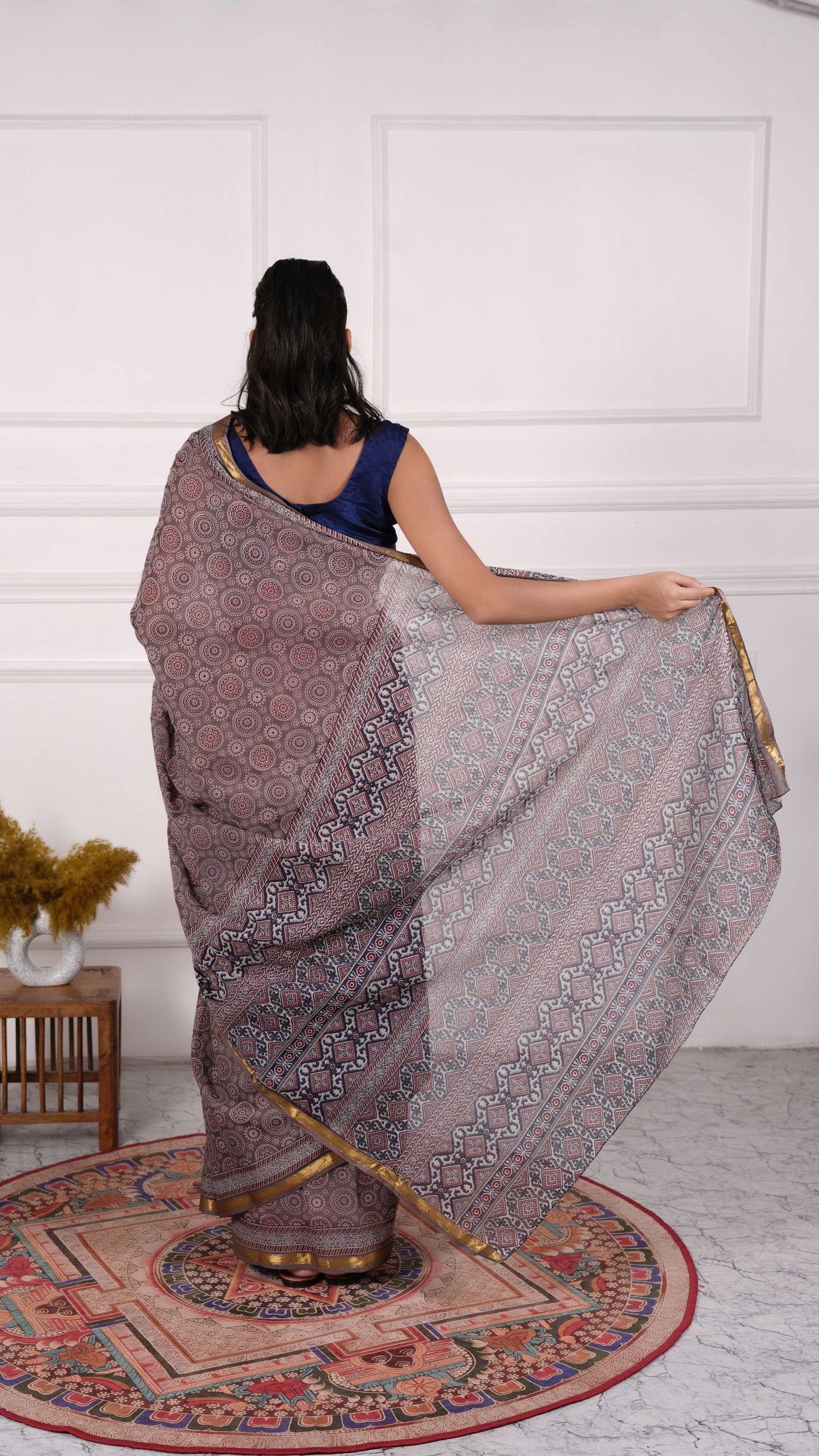 Deep Beige Ajrakh Saree, 100% Cotton
