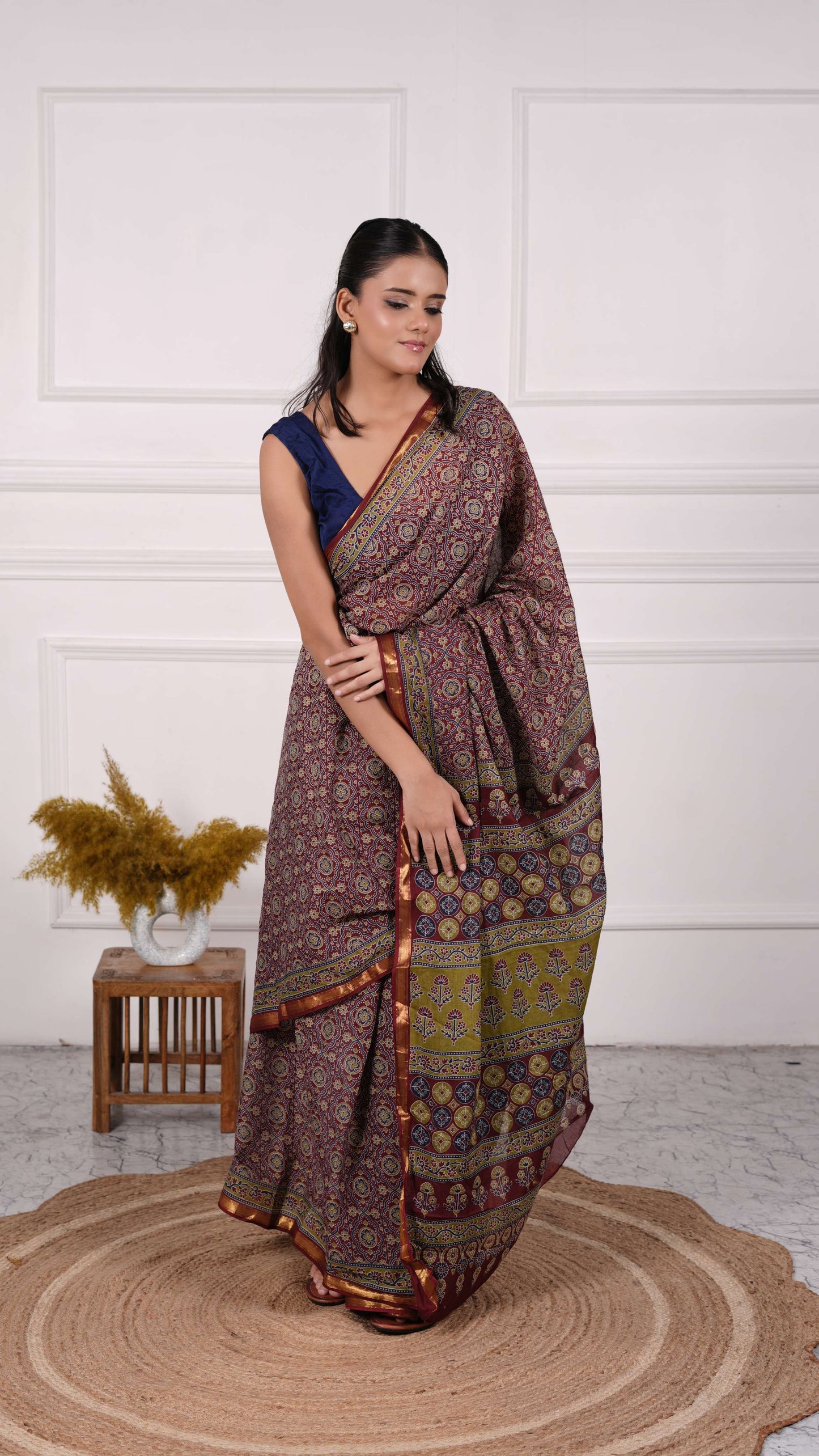 Maroon color Ajrakh Saree, 100% Cotton