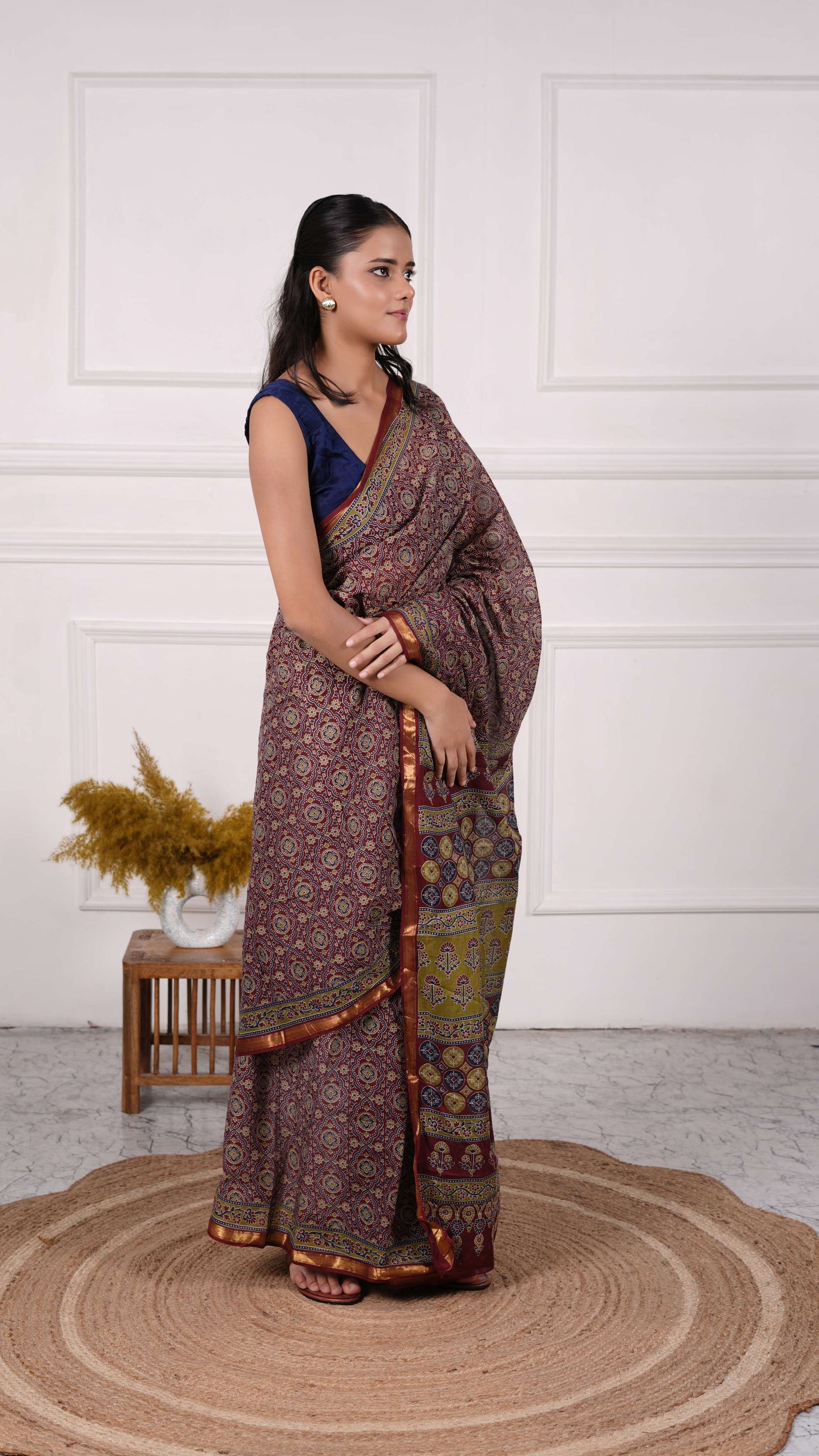 Maroon color Ajrakh Saree, 100% Cotton